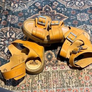 John Fluevog Mustard Yellow Leather Buckle Sandals